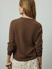 Chocolate Brown Soft Touch Cotton Rich Crew Neck Cardigan - Image 3 of 7