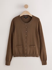 Chocolate Brown Soft Touch Cotton Rich Crew Neck Cardigan - Image 5 of 7