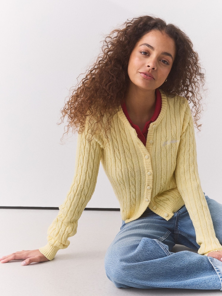Butter Yellow Slim Cable Knit Towelling Cardigan - Image 1 of 7 Butter Yellow Slim Cable Knit Towelling Cardigan - Image 1 of 7