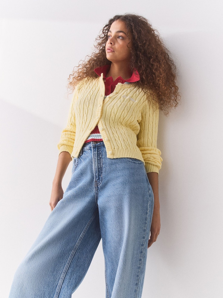 Butter Yellow Slim Cable Knit Towelling Cardigan - Image 2 of 7 Butter Yellow Slim Cable Knit Towelling Cardigan - Image 2 of 7