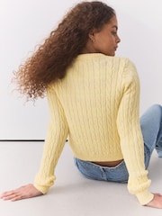 Butter Yellow Slim Cable Knit Towelling Cardigan - Image 3 of 7