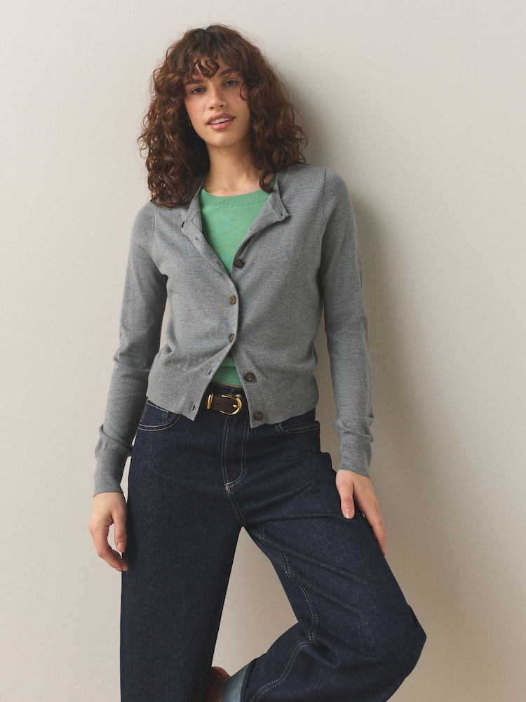 灰色╱綠色 - Soft Touch Cotton Rich Open Layer Cardigan - 圖片 1/7