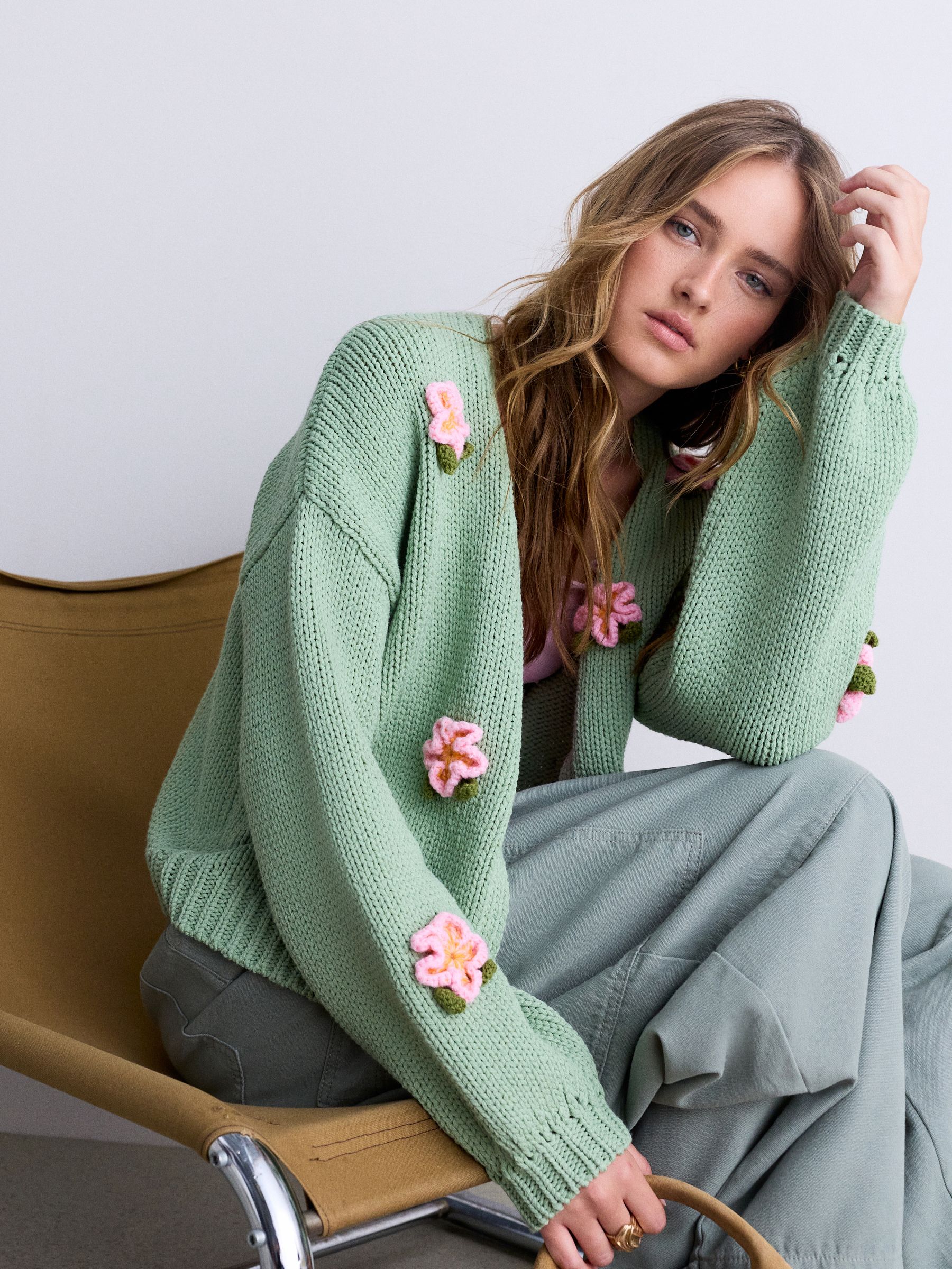 Buy Mint Green 3D Pink Flowers Soft Touch Cotton Blend Chunky Knit