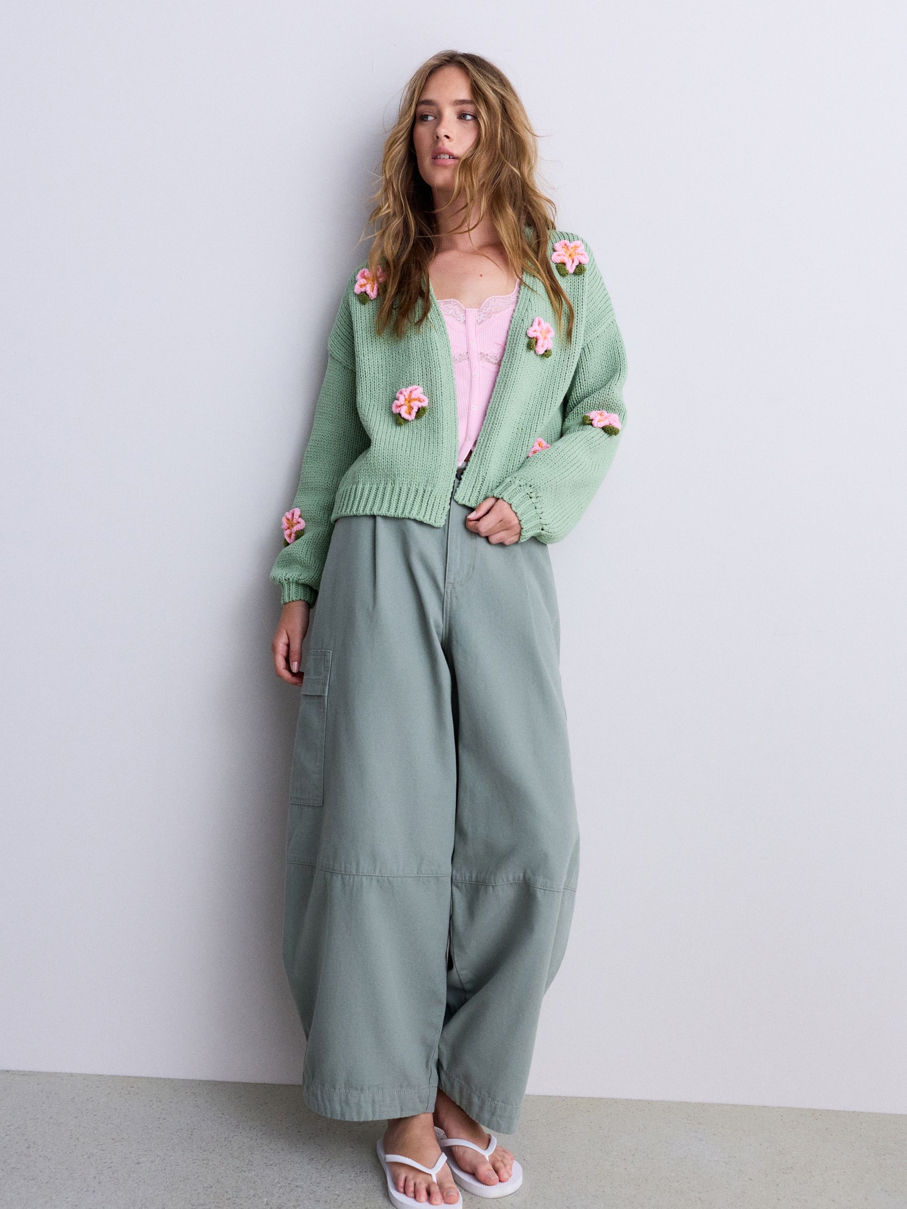 Buy Mint Green 3D Pink Flowers Soft Touch Cotton Blend Chunky Knit