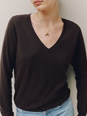 Chocolate Brown Soft Touch V-Neck Cotton Rich Jumper - Image 5 of 8