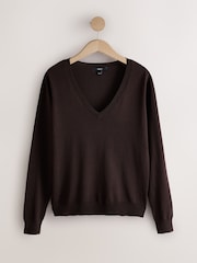 Chocolate Brown Soft Touch V-Neck Cotton Rich Jumper - Image 6 of 8