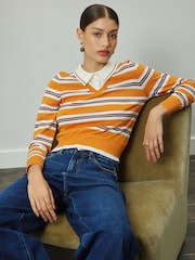 Orange/White Stripe Soft Touch Cotton Rich Layer Polo Jumper - Image 1 of 4