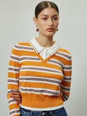 Orange/White Stripe Soft Touch Cotton Rich Layer Polo Jumper - Image 2 of 4
