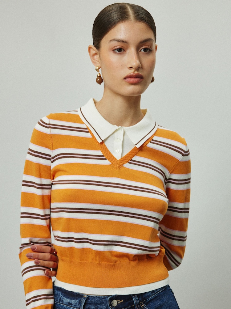 Orange/White Stripe Soft Touch Cotton Rich Layer Polo Jumper - Image 2 of 4