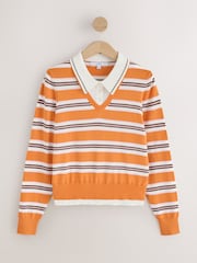 Orange/White Stripe Soft Touch Cotton Rich Layer Polo Jumper - Image 5 of 7