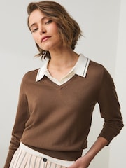 Chocolate Brown Soft Touch Cotton Rich Layer Polo Jumper - Image 1 of 7