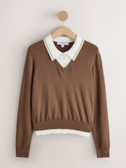 Chocolate Brown Soft Touch Cotton Rich Layer Polo Jumper - Image 5 of 7