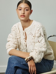 Ecru Hand Knit Floral Tie Front Cardigan - Image 1 of 8