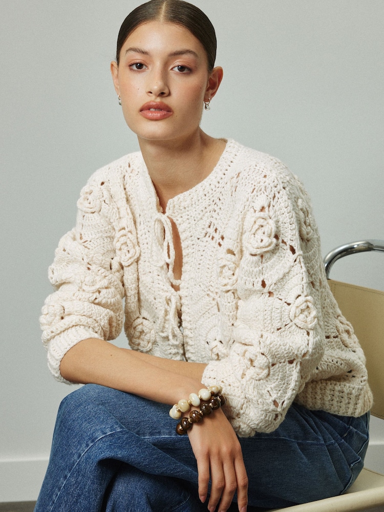 Ecru Hand Knit Floral Tie Front Cardigan - Image 1 of 8