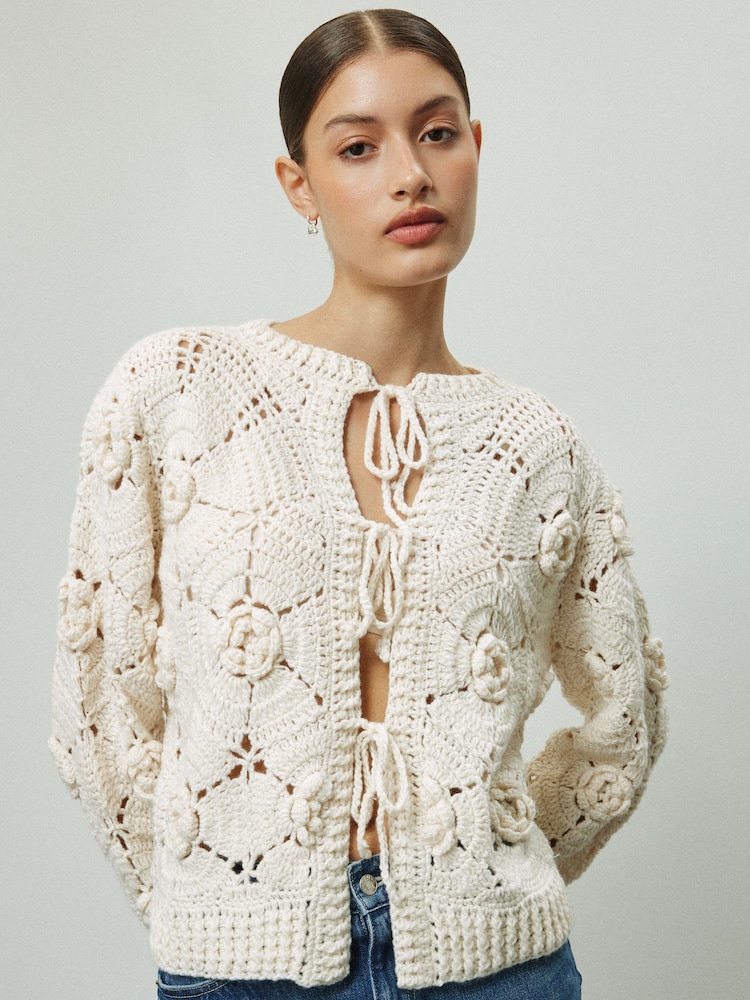 Ecru Hand Knit Floral Tie Front Cardigan - Image 2 of 8