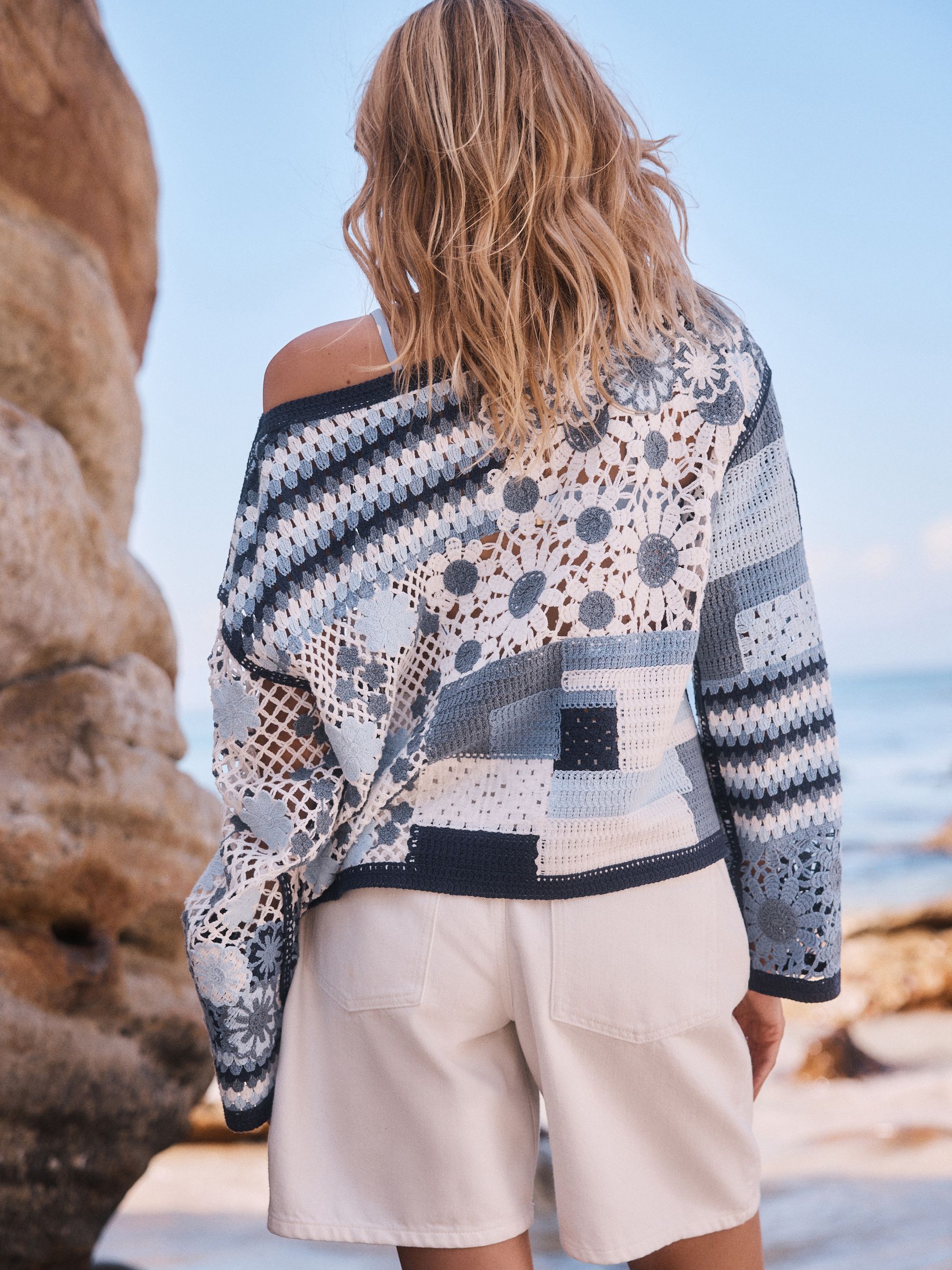 Buy Blue Floral Cotton Rich Crochet Long Sleeve Off The Shoulder