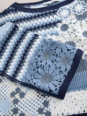 Blue Cotton Rich Crochet Long Sleeve Off The Shoulder Jumper - Image 7 of 8