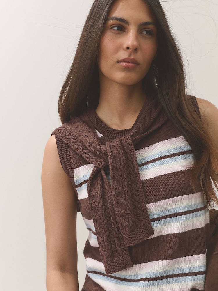Chocolate Brown Stripe Cotton Scarf Layer Sleeveless Jumper - Image 1 of 8