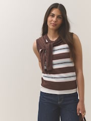 Chocolate Brown Stripe Cotton Scarf Layer Sleeveless Jumper - Image 2 of 8
