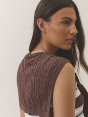Chocolate Brown Stripe Cotton Scarf Layer Sleeveless Jumper - Image 4 of 8