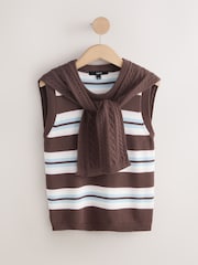Chocolate Brown Stripe Cotton Scarf Layer Sleeveless Jumper - Image 6 of 8