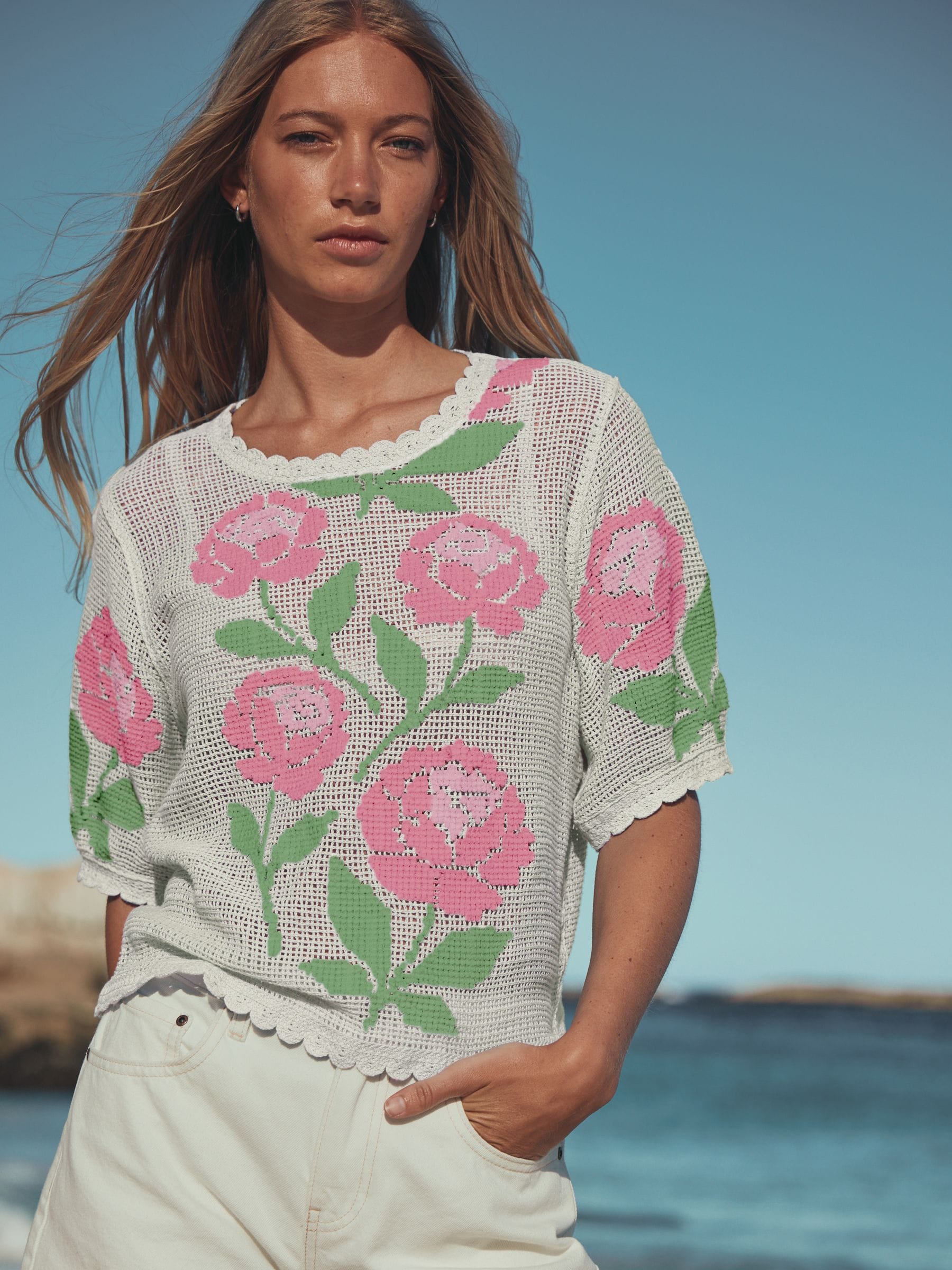 Buy White/Pink Floral Crochet Short Sleeve Crew Neck T-Shirt from