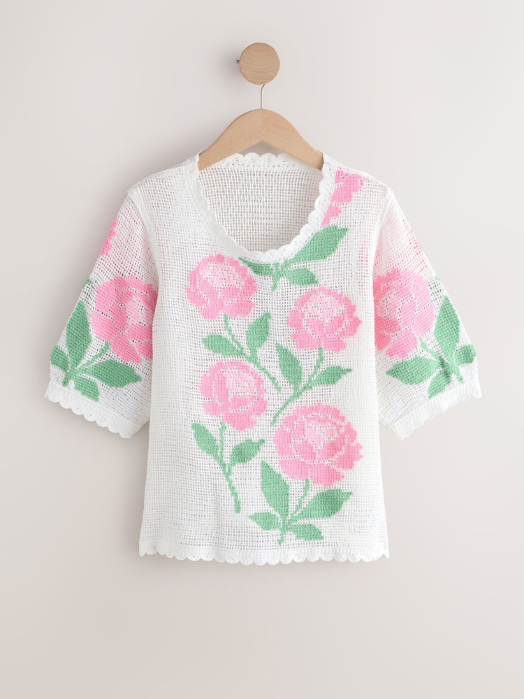 White/Pink Multi Short Sleeve Floral Crochet Crew Neck T-Shirt - Image 1 of 3