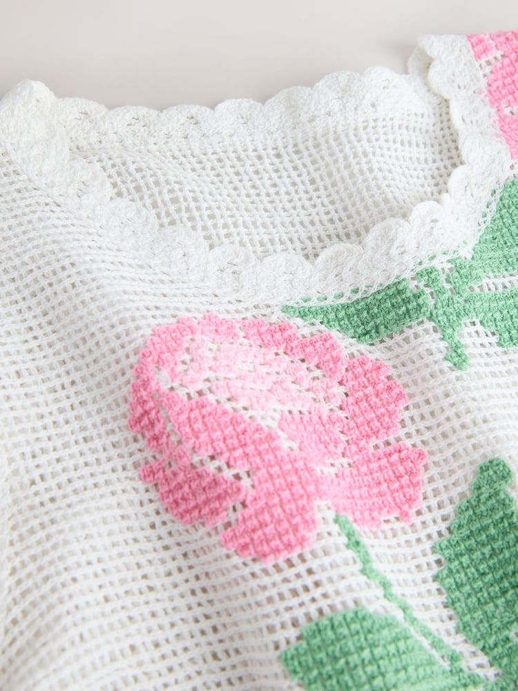 White/Pink Multi Short Sleeve Floral Crochet Crew Neck T-Shirt - Image 2 of 3