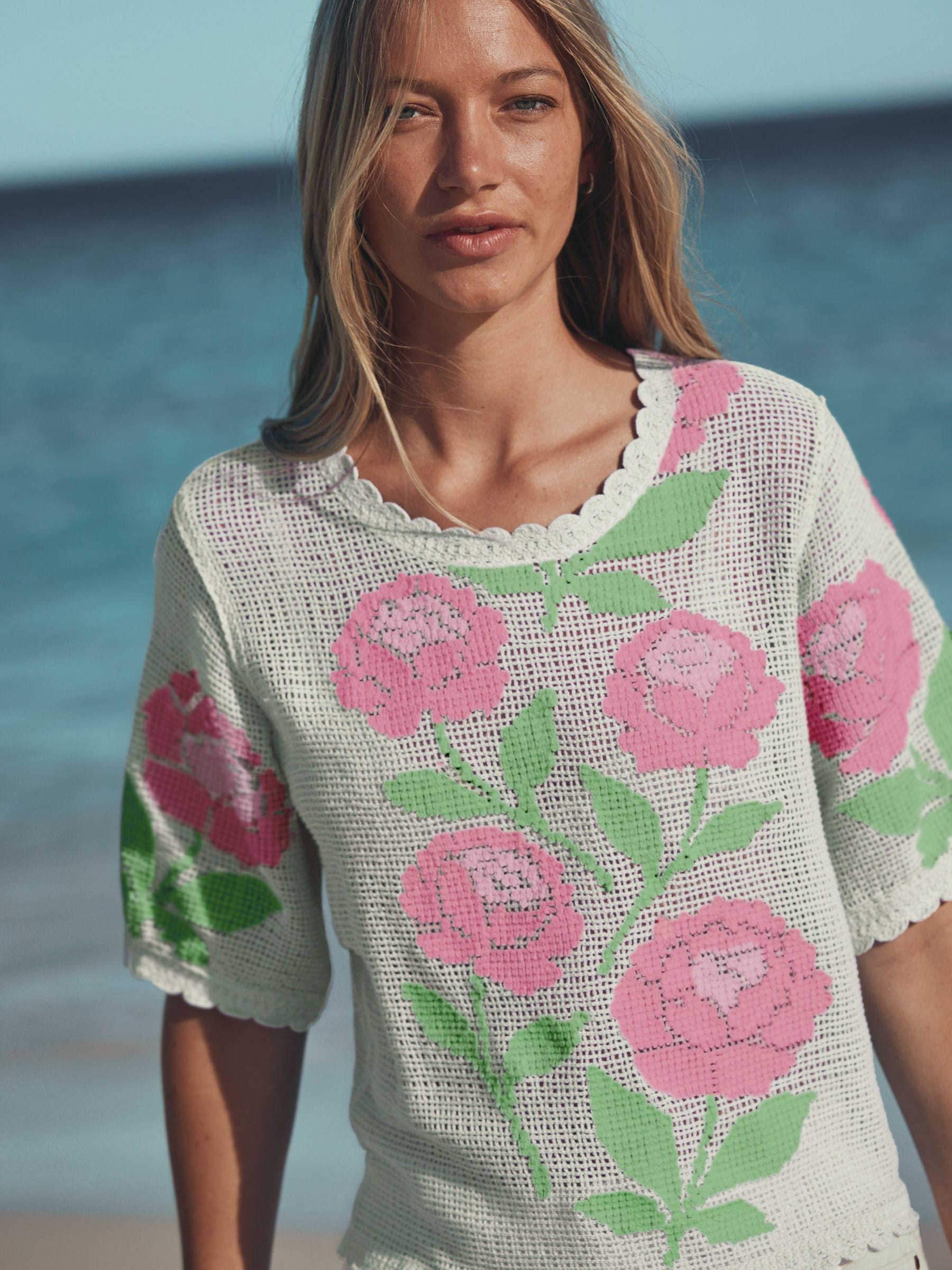 Buy White/Pink Floral Crochet Short Sleeve Crew Neck T-Shirt from