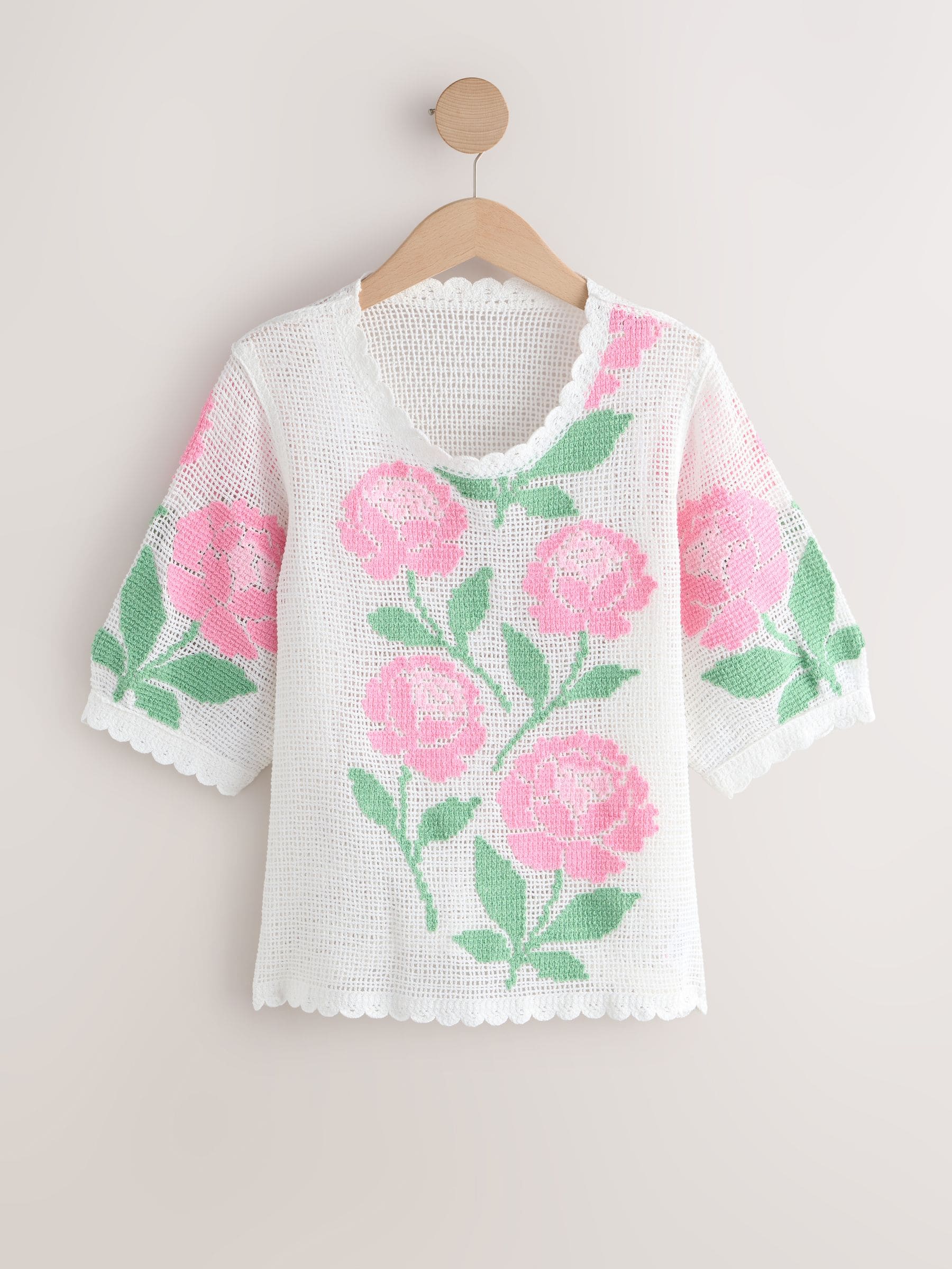 Buy White/Pink Floral Crochet Short Sleeve Crew Neck T-Shirt from