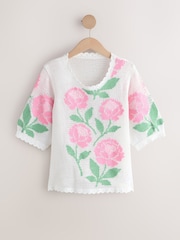 White/Pink Multi Floral Crochet Short Sleeve Crew Neck T-Shirt - Image 5 of 7