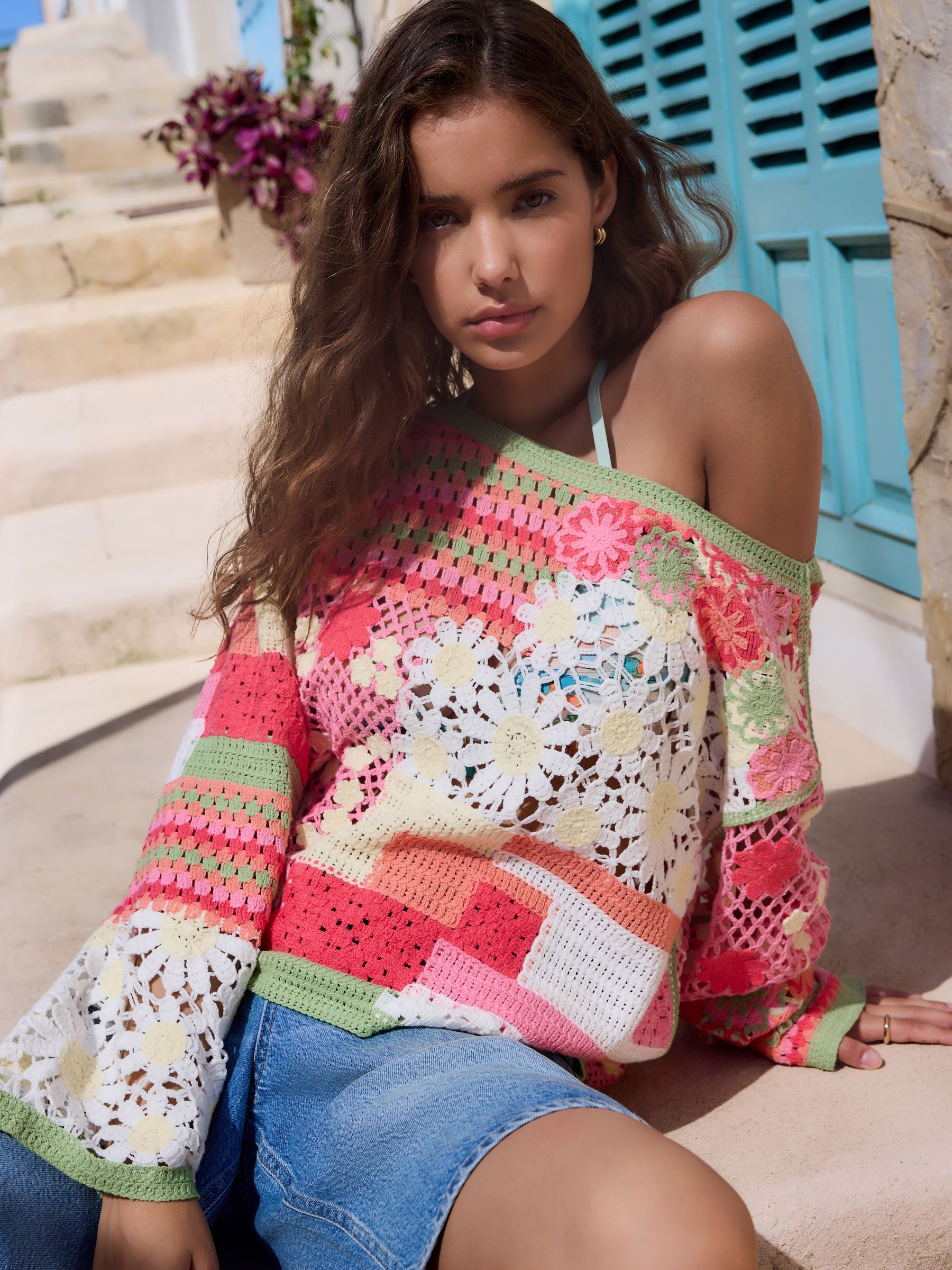 Buy Pink Floral Cotton Rich Crochet Long Sleeve Off The Shoulder