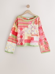Pink Floral Cotton Rich Crochet Long Sleeve Off The Shoulder Jumper - Image 1 of 3