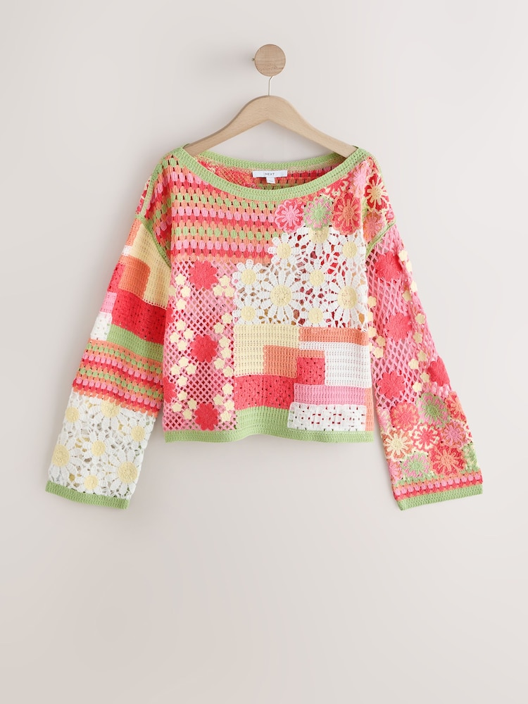 Pink Floral Cotton Rich Crochet Long Sleeve Off The Shoulder Jumper - Image 1 of 3