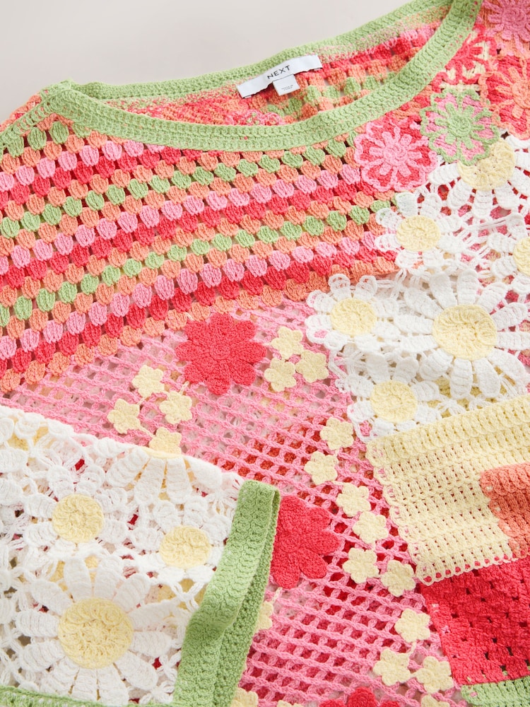 Pink Floral Cotton Rich Crochet Long Sleeve Off The Shoulder Jumper - Image 2 of 3