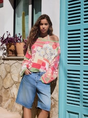 Pink Floral Cotton Rich Crochet Long Sleeve Off The Shoulder Jumper - Image 4 of 9