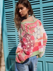 Pink Floral Cotton Rich Crochet Long Sleeve Off The Shoulder Jumper - Image 5 of 9