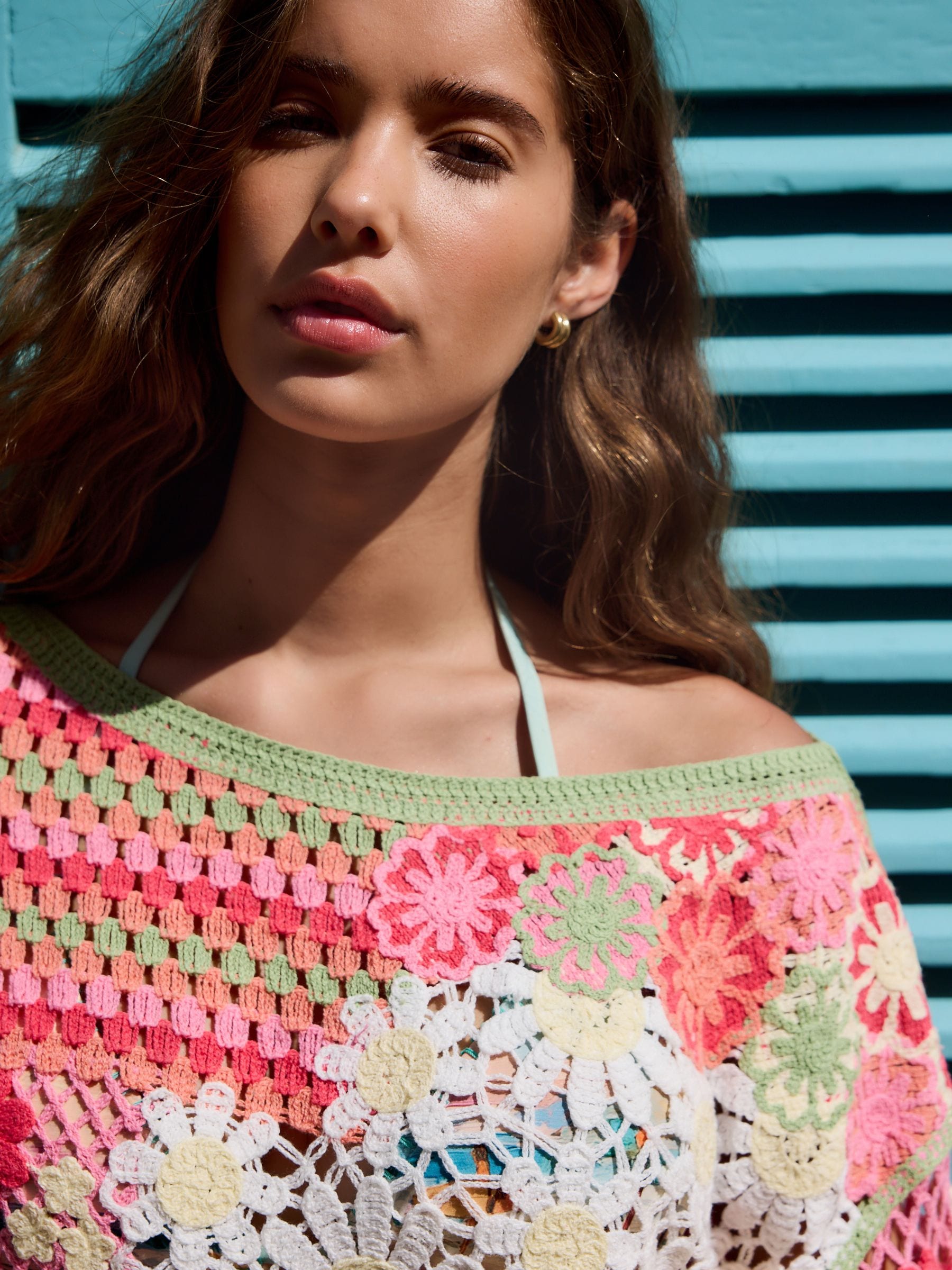 Buy Pink Floral Cotton Rich Crochet Long Sleeve Off The Shoulder