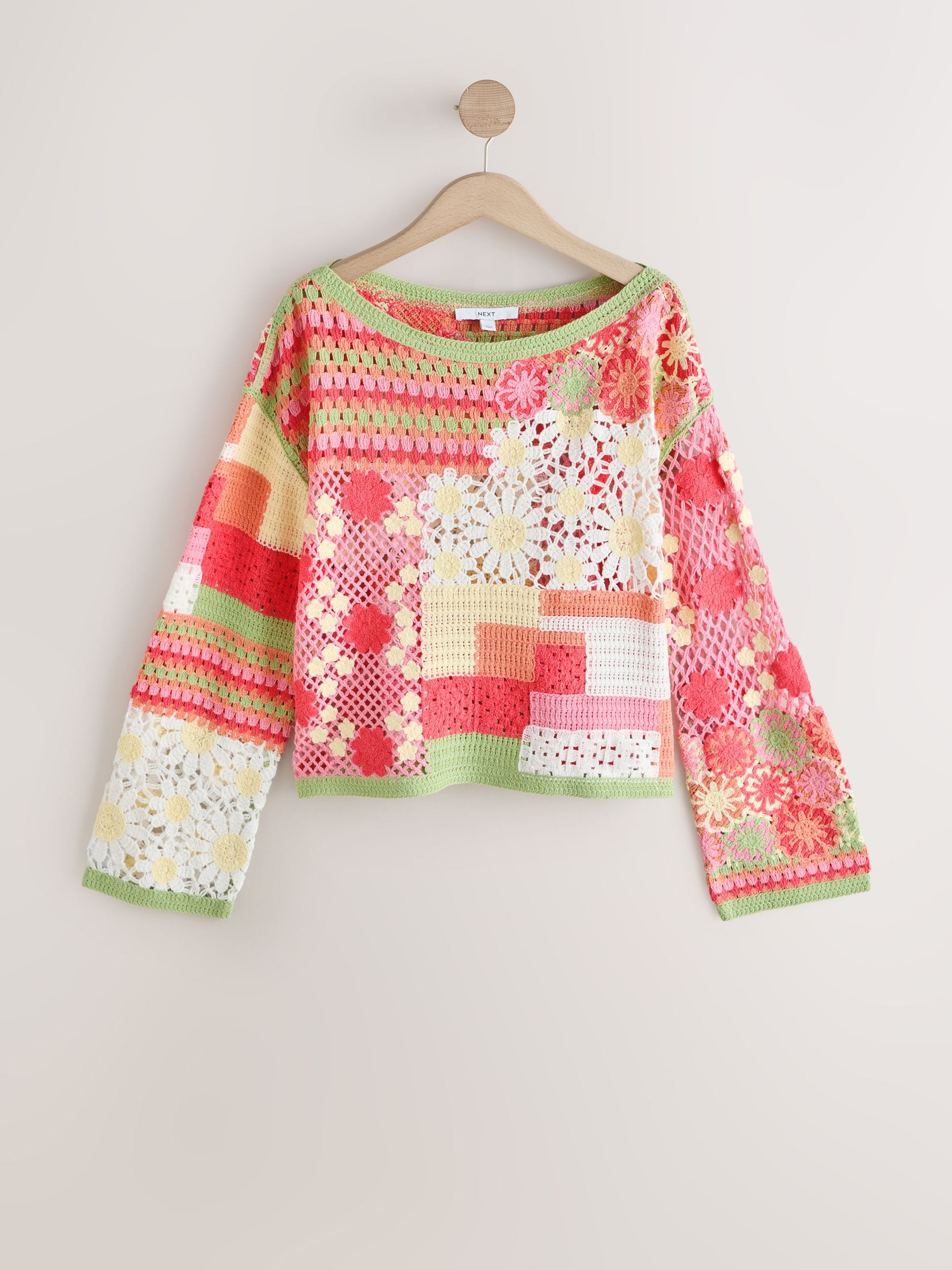 Buy Pink Floral Cotton Rich Crochet Long Sleeve Off The Shoulder