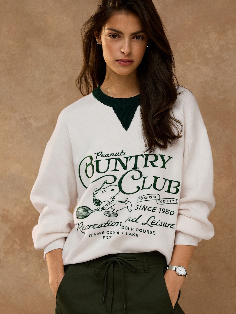 Ecru/Green Snoopy Licence Long Sleeve Crew Neck Sweatshirt - Image 1 of 8