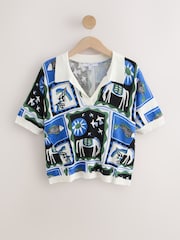 Blue/Ecru Tile Print Cotton Rich Soft Touch Knitted Polo Top - Image 1 of 3