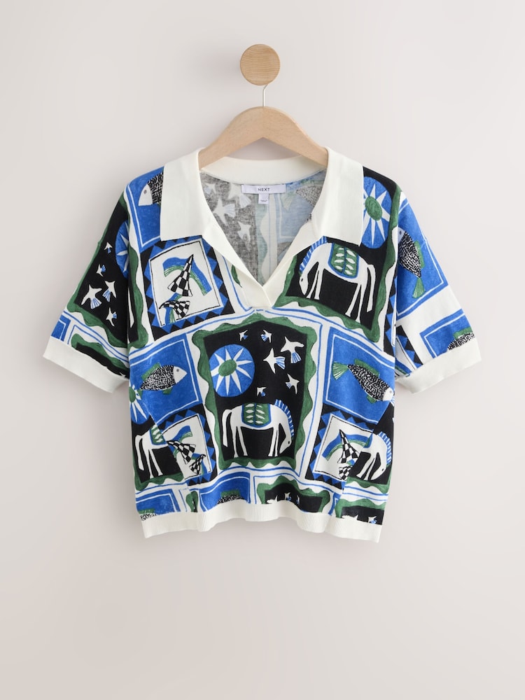 Blue/Ecru Tile Print Cotton Rich Soft Touch Knitted Polo Top - Image 1 of 3 Blue/Ecru Tile Print Cotton Rich Soft Touch Knitted Polo Top - Image 1 of 3