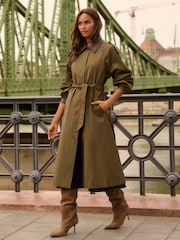 Love & Roses Khaki Green Blouson Sleeve PU Collar Trench Coat - Image 1 of 5