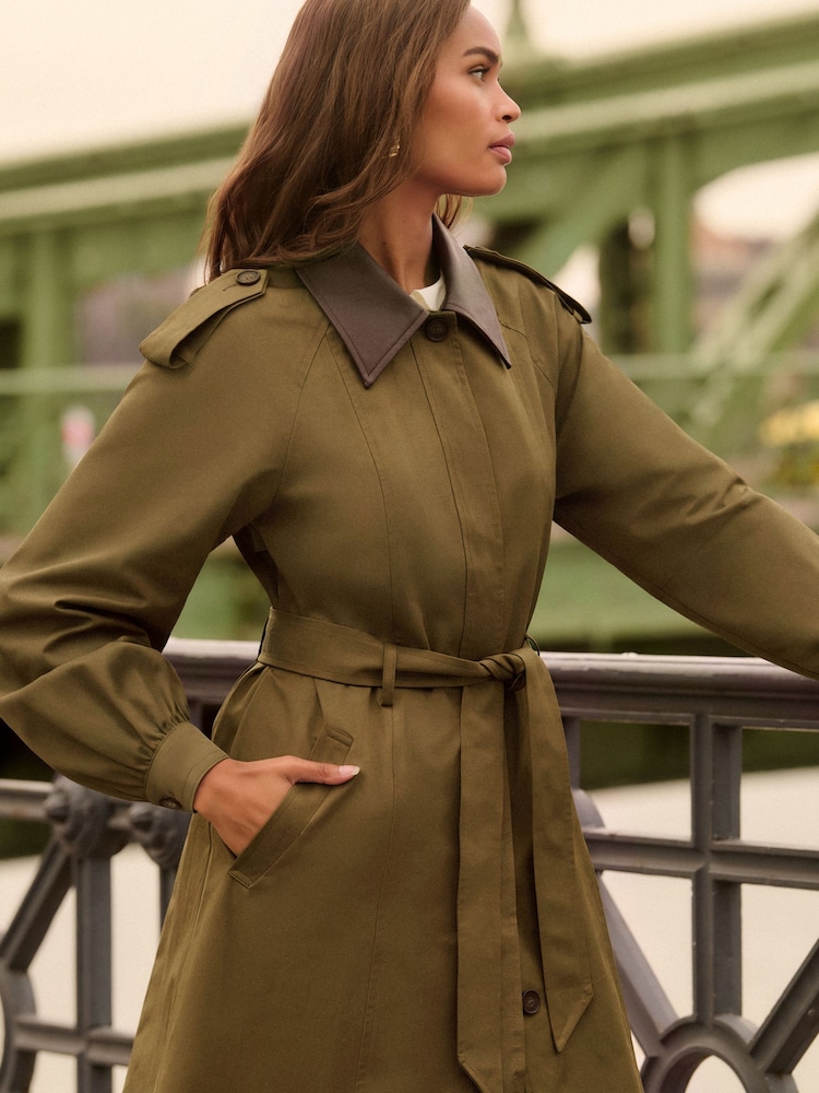 Love & Roses Khaki Green Blouson Sleeve PU Collar Trench Coat - Image 2 of 5 Love & Roses Khaki Green Blouson Sleeve PU Collar Trench Coat - Image 2 of 5