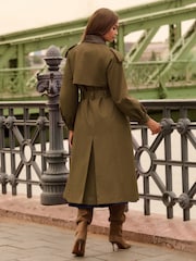 Love & Roses Khaki Green Blouson Sleeve PU Collar Trench Coat - Image 4 of 5