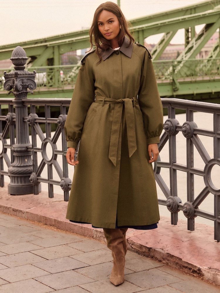 Love & Roses Khaki Green Blouson Sleeve PU Collar Trench Coat - Image 5 of 5 Love & Roses Khaki Green Blouson Sleeve PU Collar Trench Coat - Image 5 of 5