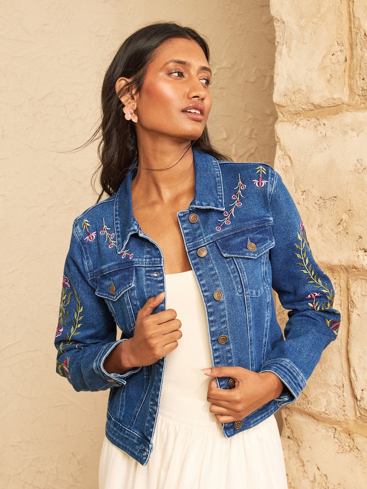 Love & Roses Dark Wash Denim Look Embroidered Tie Front Waistcoat - Image 1 of 5