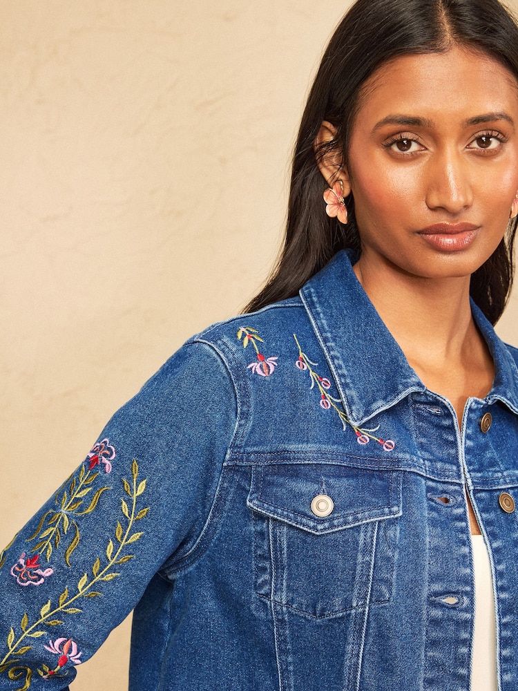 Love & Roses Dark Wash Denim Look Embroidered Tie Front Waistcoat - Image 2 of 5