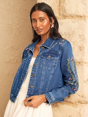 Love & Roses Dark Wash Denim Look Embroidered Tie Front Waistcoat - Image 3 of 5