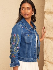 Love & Roses Dark Wash Denim Look Embroidered Tie Front Waistcoat - Image 4 of 5